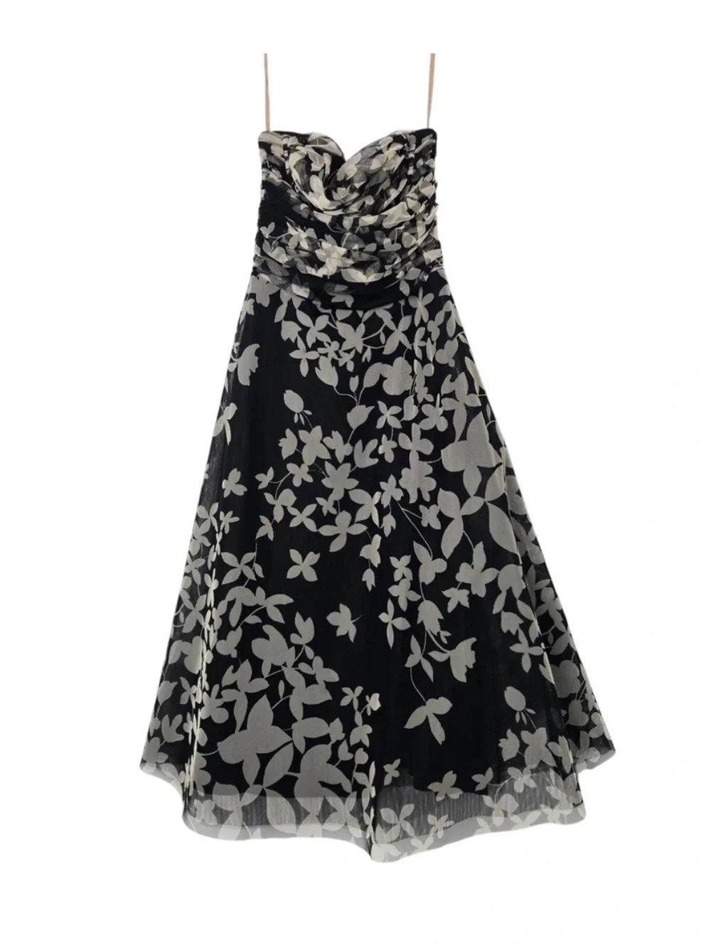 Vtg BCBGMAXAZRIA Black Floral Mesh Strapless Ruched Chic Classy Dress Size 4